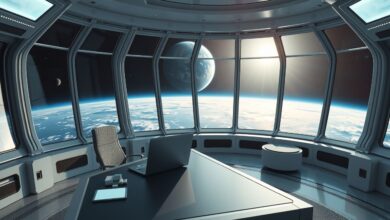 Nômade digital trabalhando em estação espacial com vista para Terra