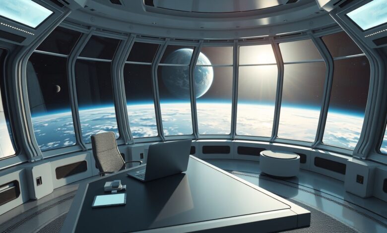 Nômades Espaço: O Futuro do Trabalho Remoto na Era Espacial - Web Nômade Digital Nômade digital trabalhando em estação espacial com vista para Terra