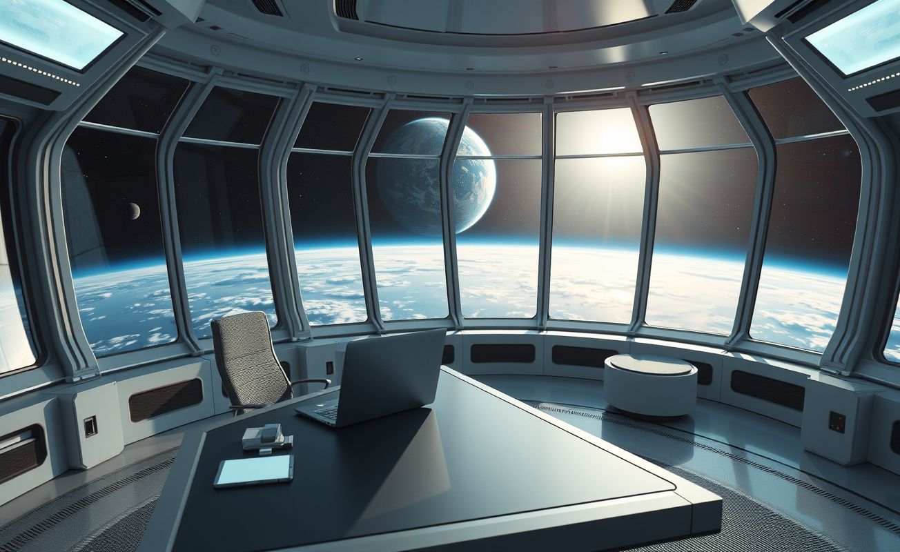 Nômade digital trabalhando em estação espacial com vista para Terra