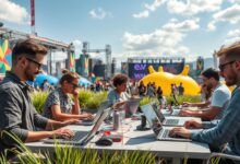 Nômades digitais trabalhando em festival de tecnologia com laptops e networking