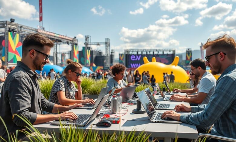 Como trabalhar em festivais de tecnologia como nômade digital - Web Nômade Digital Nômades digitais trabalhando em festival de tecnologia com laptops e networking