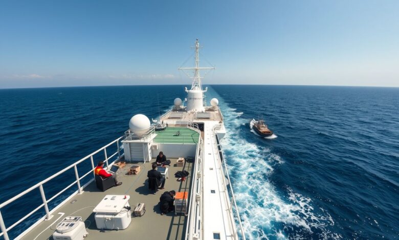 Navio pesquisa oceanográfica com cientistas trabalhando remotamente
