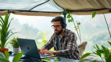 Um espaço de trabalho que representa a harmonia entre o empreendedorismo digital e a sustentabilidade.