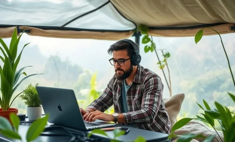 Um espaço de trabalho que representa a harmonia entre o empreendedorismo digital e a sustentabilidade.