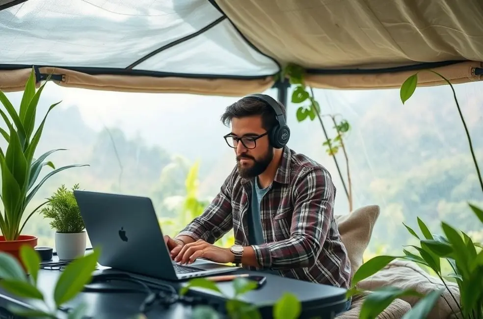 Um espaço de trabalho que representa a harmonia entre o empreendedorismo digital e a sustentabilidade.