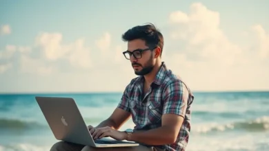 Nômade digital trabalhando à beira-mar, simbolizando gestão e liberdade.