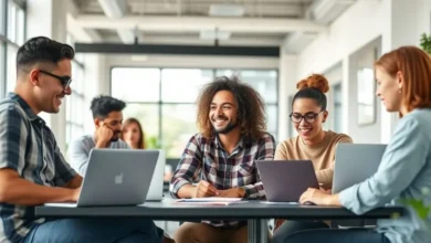 Grupo de nômades digitais trabalhando em um espaço moderno