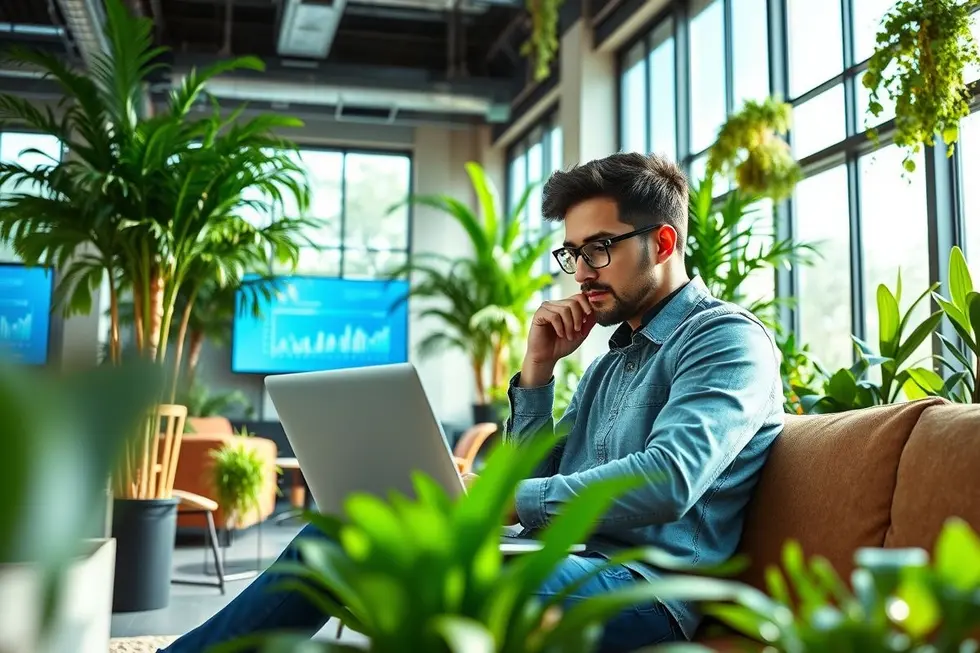 Imagem de um empreendedor remoto focado no trabalho em um ambiente inspirador.