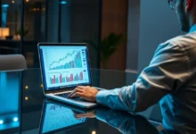 Um nômade digital analisando gráficos de crescimento financeiros em um laptop.
