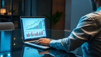 Um nômade digital analisando gráficos de crescimento financeiros em um laptop.