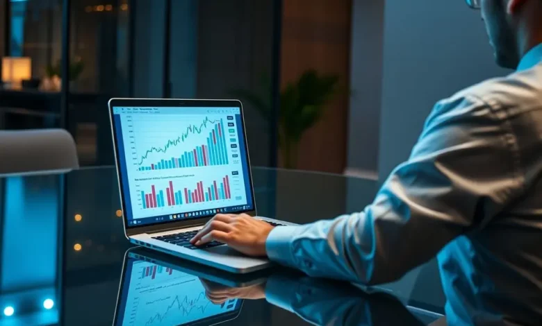 7 Estratégias de Gestão Estratégica para Nômades Digitais Aumentarem Seus Lucros - Web Nômade Digital Um nômade digital analisando gráficos de crescimento financeiros em um laptop.