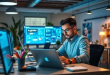 Um empreendedor digital trabalhando em seu laptop em um local bonito.
