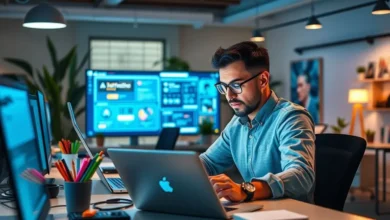 Um empreendedor digital trabalhando em seu laptop em um local bonito.
