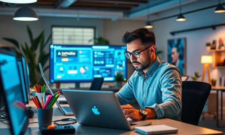 10 Estratégias para Aumentar a Lucratividade da Sua Empresa Online - Web Nômade Digital Um empreendedor digital trabalhando em seu laptop em um local bonito.