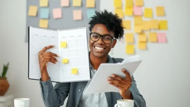 Motivated freelancer organizing a planner.