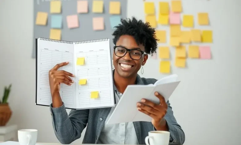 Motivated freelancer organizing a planner.