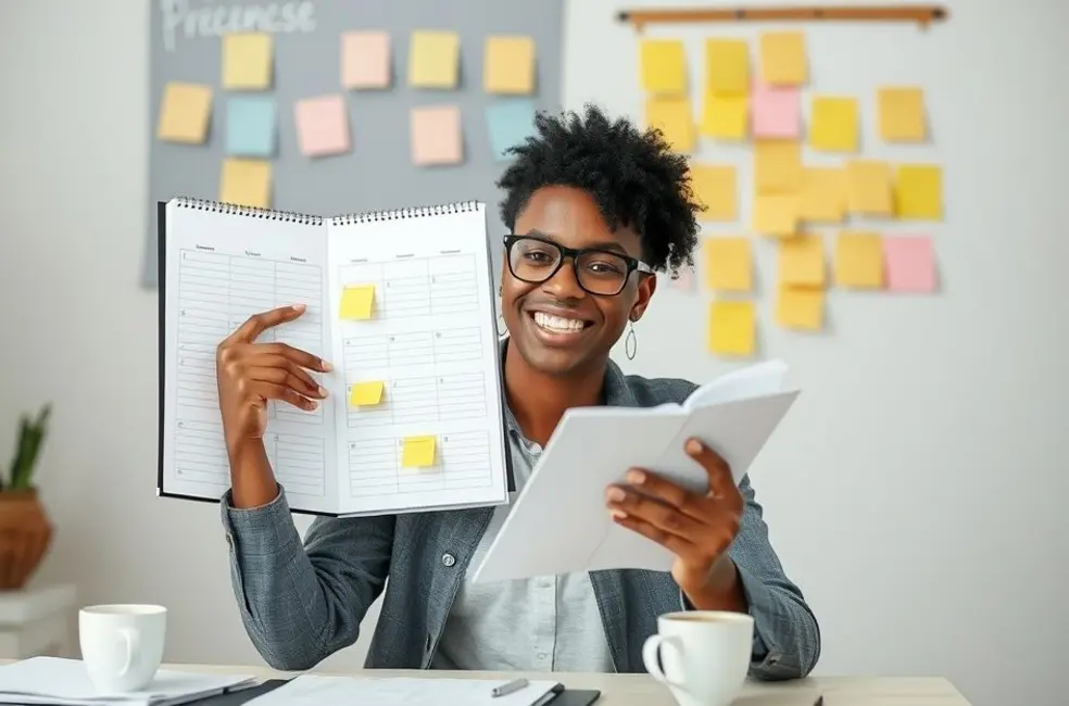 Motivated freelancer organizing a planner.