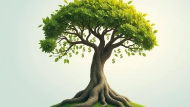 Uma árvore crescendo com sinais de dólar, representando o crescimento sustentável.