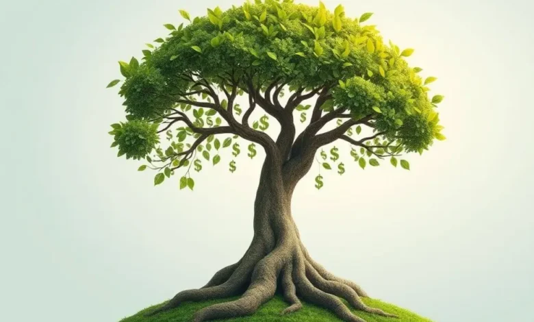 Uma árvore crescendo com sinais de dólar, representando o crescimento sustentável.