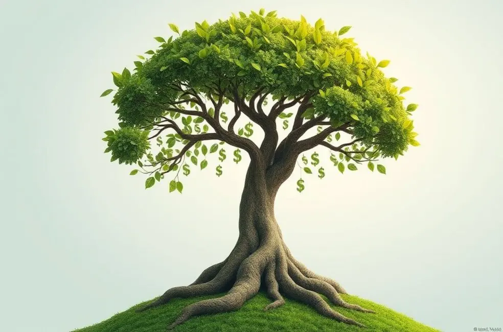 Uma árvore crescendo com sinais de dólar, representando o crescimento sustentável.