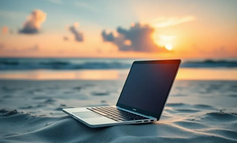 Um laptop em uma praia, simbolizando a liberdade do trabalho remoto.