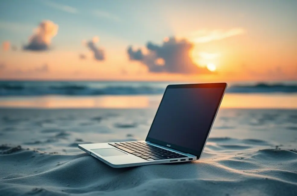Um laptop em uma praia, simbolizando a liberdade do trabalho remoto.