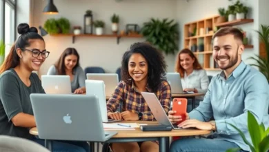 Grupo de freelancers e empreendedores gerenciando suas agendas em ambientes de trabalho agradáveis.