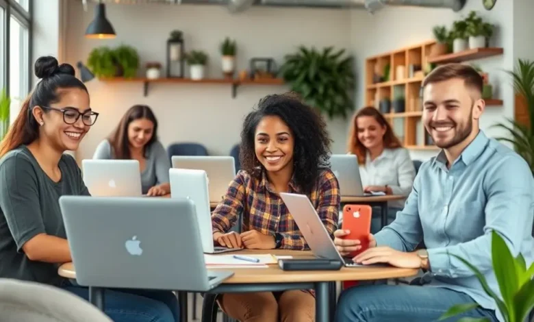 10 Estratégias Infalíveis para Organizar sua Agenda e Aumentar sua Produtividade - Web Nômade Digital Grupo de freelancers e empreendedores gerenciando suas agendas em ambientes de trabalho agradáveis.