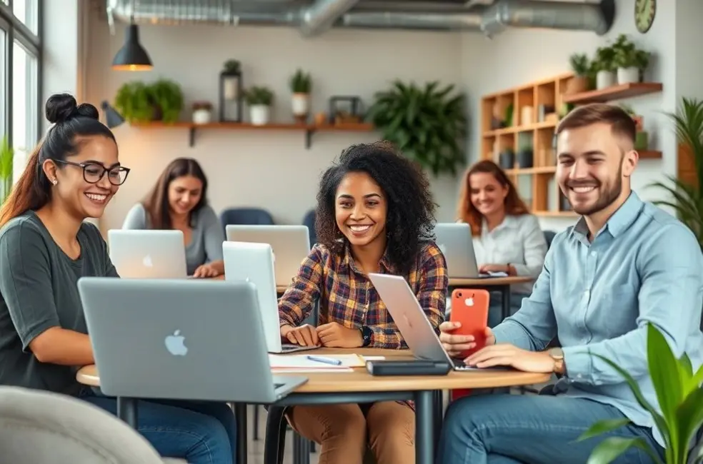 Grupo de freelancers e empreendedores gerenciando suas agendas em ambientes de trabalho agradáveis.