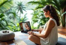 Doula trabalhando remotamente em ambiente tropical com laptop