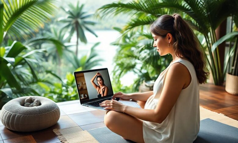 Países com visto de nômade digital para doulas: Guia Completo 2024 - Web Nômade Digital Doula trabalhando remotamente em ambiente tropical com laptop