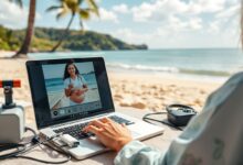 Parteira nômade digital atendendo gestante remotamente em praia tropical