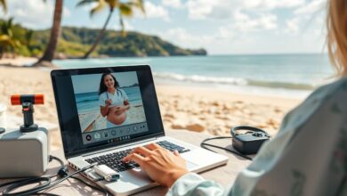 Parteira nômade digital atendendo gestante remotamente em praia tropical
