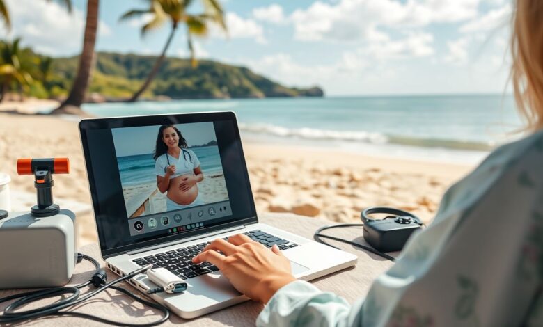 Países com visto de nômade digital para parteiras: Guia Completo 2024 - Web Nômade Digital Parteira nômade digital atendendo gestante remotamente em praia tropical