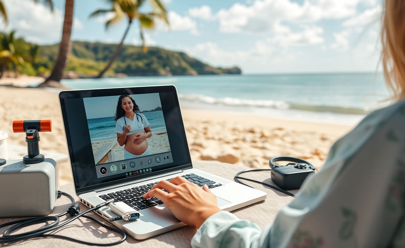 Parteira nômade digital atendendo gestante remotamente em praia tropical