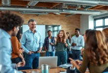 Cenário vibrante de mentoria com grupo diversificado de empreendedores.