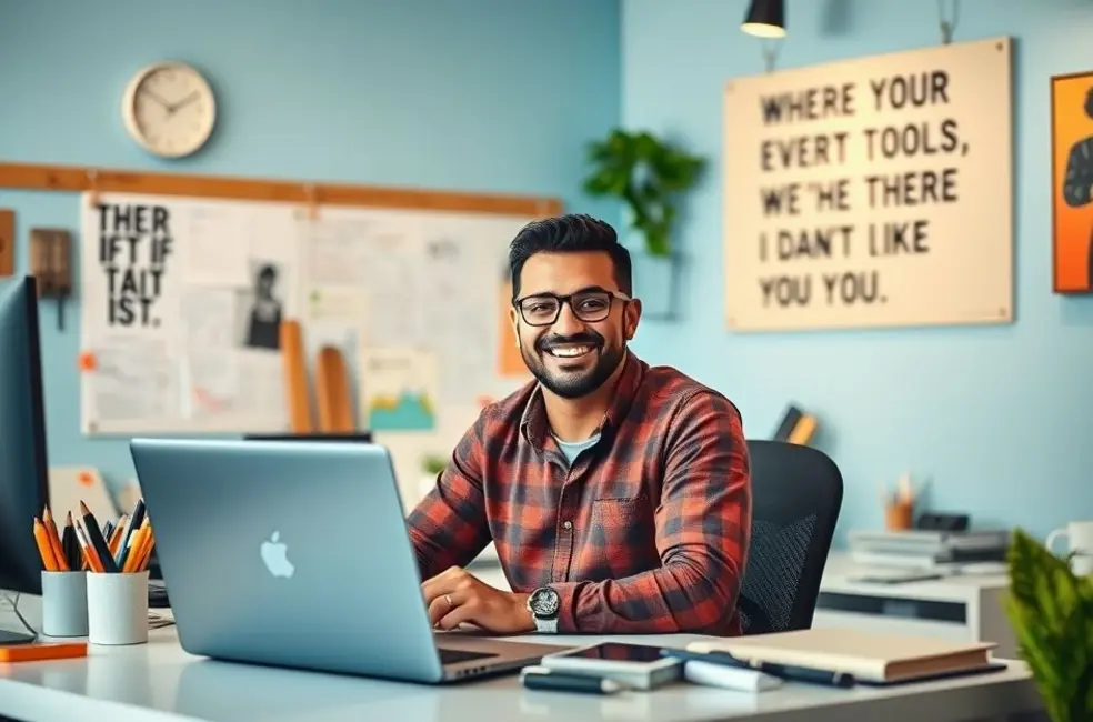 Espaço de trabalho alegre e organizado com empreendedores desenvolvendo seus negócios.