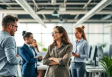 Ambiente de escritório vibrante com trabalhadores colaborando.