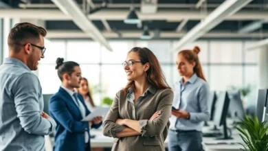 Ambiente de escritório vibrante com trabalhadores colaborando.