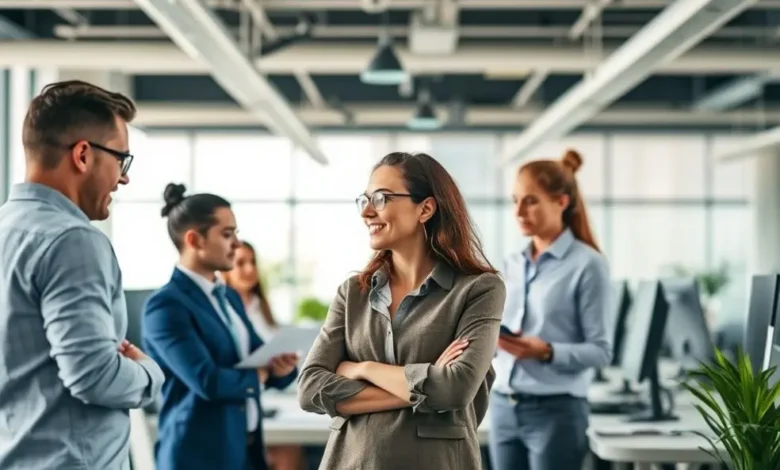 Ambiente de escritório vibrante com trabalhadores colaborando.