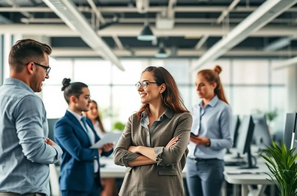 Ambiente de escritório vibrante com trabalhadores colaborando.