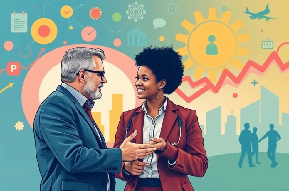Mentoria empresarial entre um mentor e um mentorado em discussão.