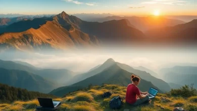 Nômades digitais trabalhando em ambientes naturais.