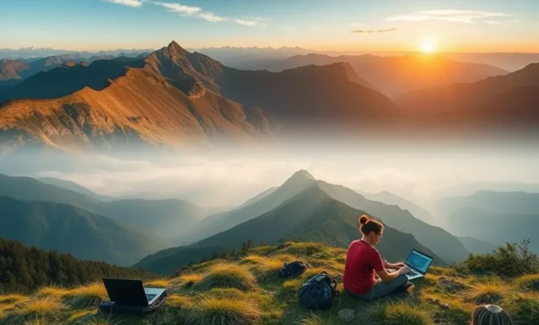 7 Estratégias para Escalar Seu Negócio Remoto de Forma Sustentável - Web Nômade Digital Nômades digitais trabalhando em ambientes naturais.