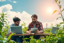Imagem motivacional de empreendedores digitais em uma configuração sustentável.