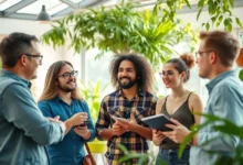 Diversos empreendedores em um ambiente sustentável trocando ideias sobre negócios.