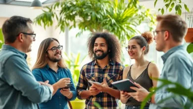 Diversos empreendedores em um ambiente sustentável trocando ideias sobre negócios.