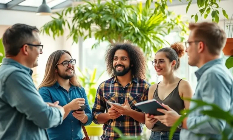 Diversos empreendedores em um ambiente sustentável trocando ideias sobre negócios.