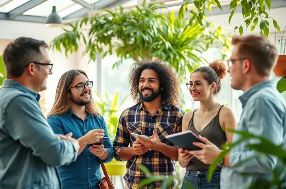 Diversos empreendedores em um ambiente sustentável trocando ideias sobre negócios.