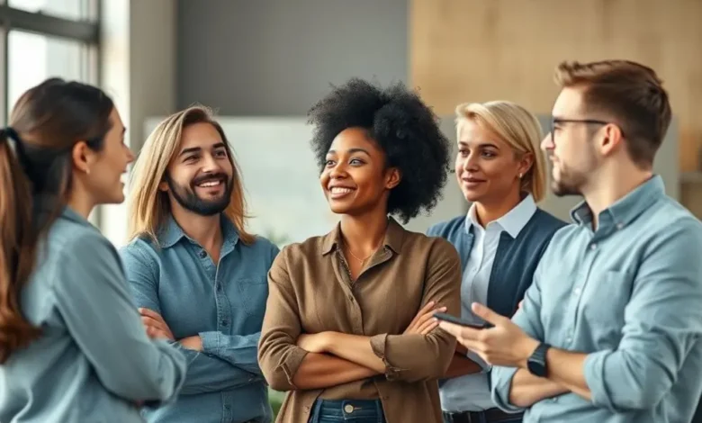 Grupo diversificado de empreendedores aspirantes discutindo ideias.